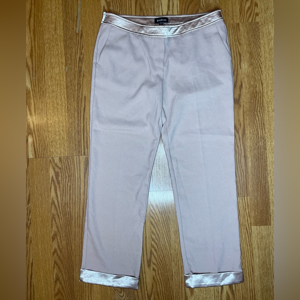 Bebe light pink cropped dress pants with satin waist & ankle cuffs